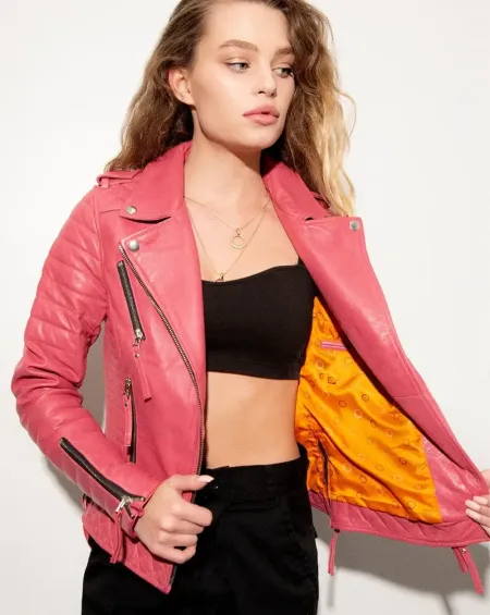 Barbie pink quilted motorcycle jacket