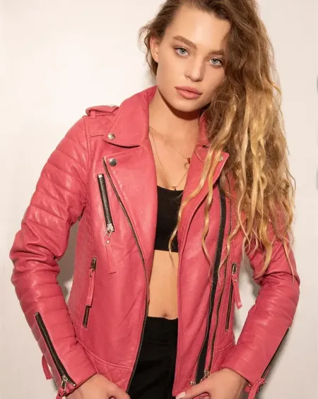 Barbie pink quilted motorcycle jacket