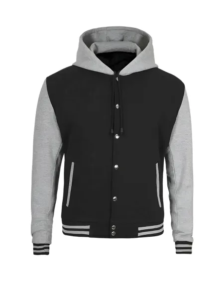 Mens Black Grey Varsity Jacket With Hoodie