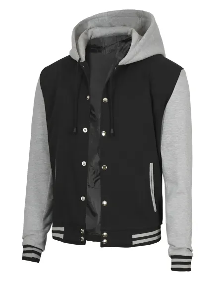 Mens Black Grey Varsity Jacket With Hoodie