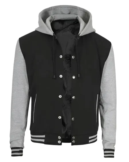 Mens Black Grey Varsity Jacket With Hoodie