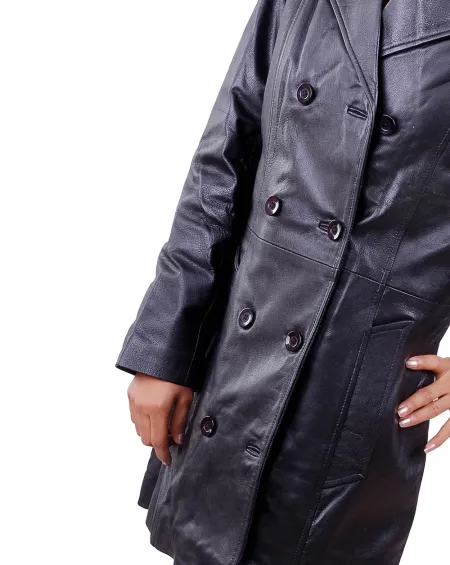 Womens Double Breasted Leather Trench Coat