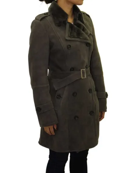 Womens Suede Shearling Sheepskin Winter Trench Coat