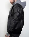 gray-hooded Leather Jacket
