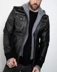 gray-hooded Leather Jacket