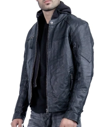 Mens-Hooded Leather Jacket